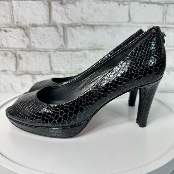 Stuart Weitzman Heels Leather Croc Snake Pattern Patent Peep Toe Pump Black 7.5 - Picture 12 of 12